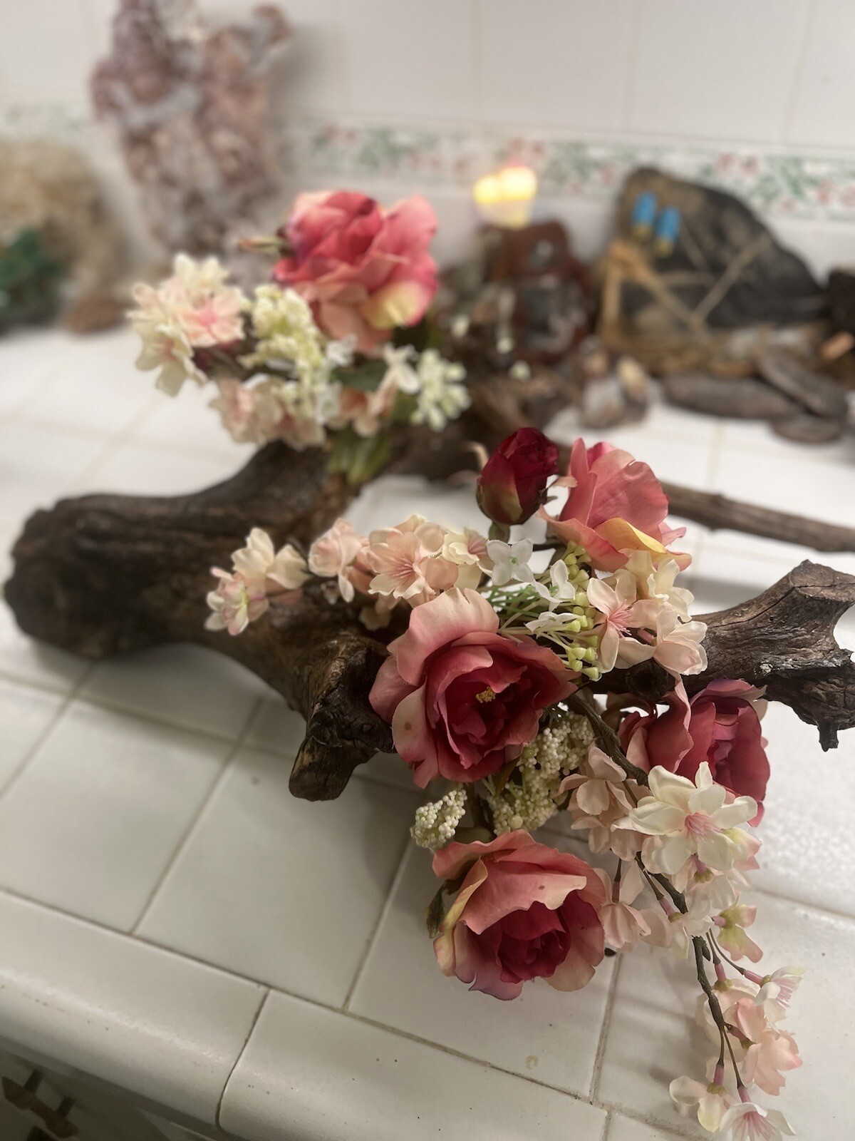 ORIGINAL FLORAL DESIGN WOOD BASE, ROSES, PEACH BLOSSOMS MOSSES BABY BREATH