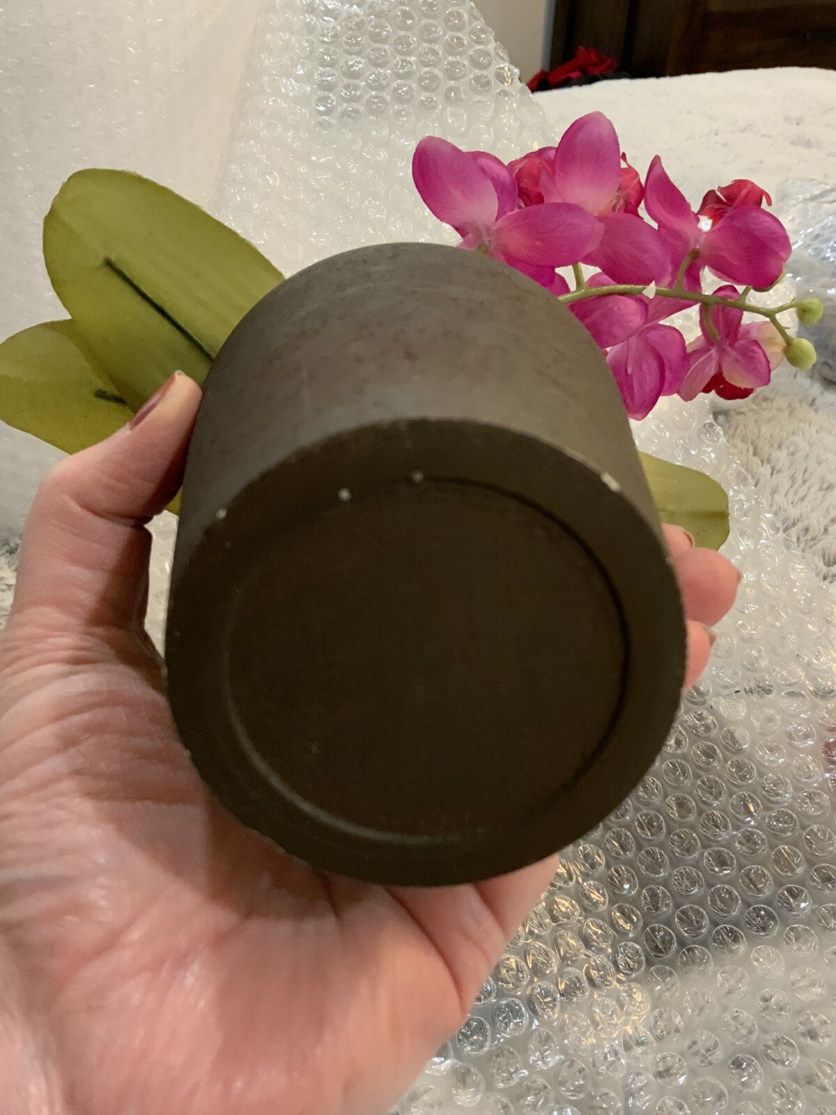 Vtg Blue White Chinoiserie Ceramic Pot Pink Artificial Orchid Flower Arrangement