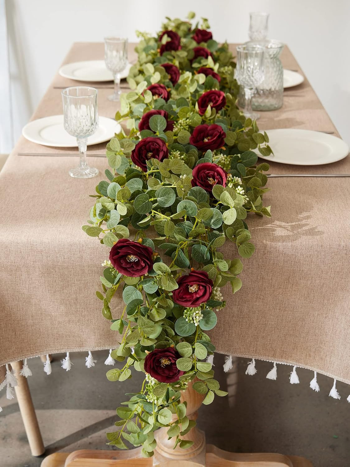 2Pcs 6.56Ft Eucalyptus Garland with Flowers-8 White Roses, Artificial Fake Flowe