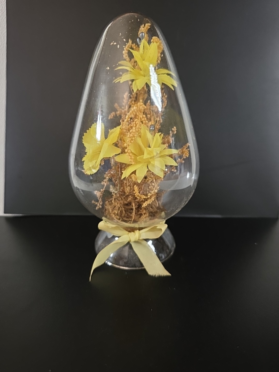 Vintage Clear Glass Dome Egg Cloche with Dried & Silk Flowers Yellow Bow