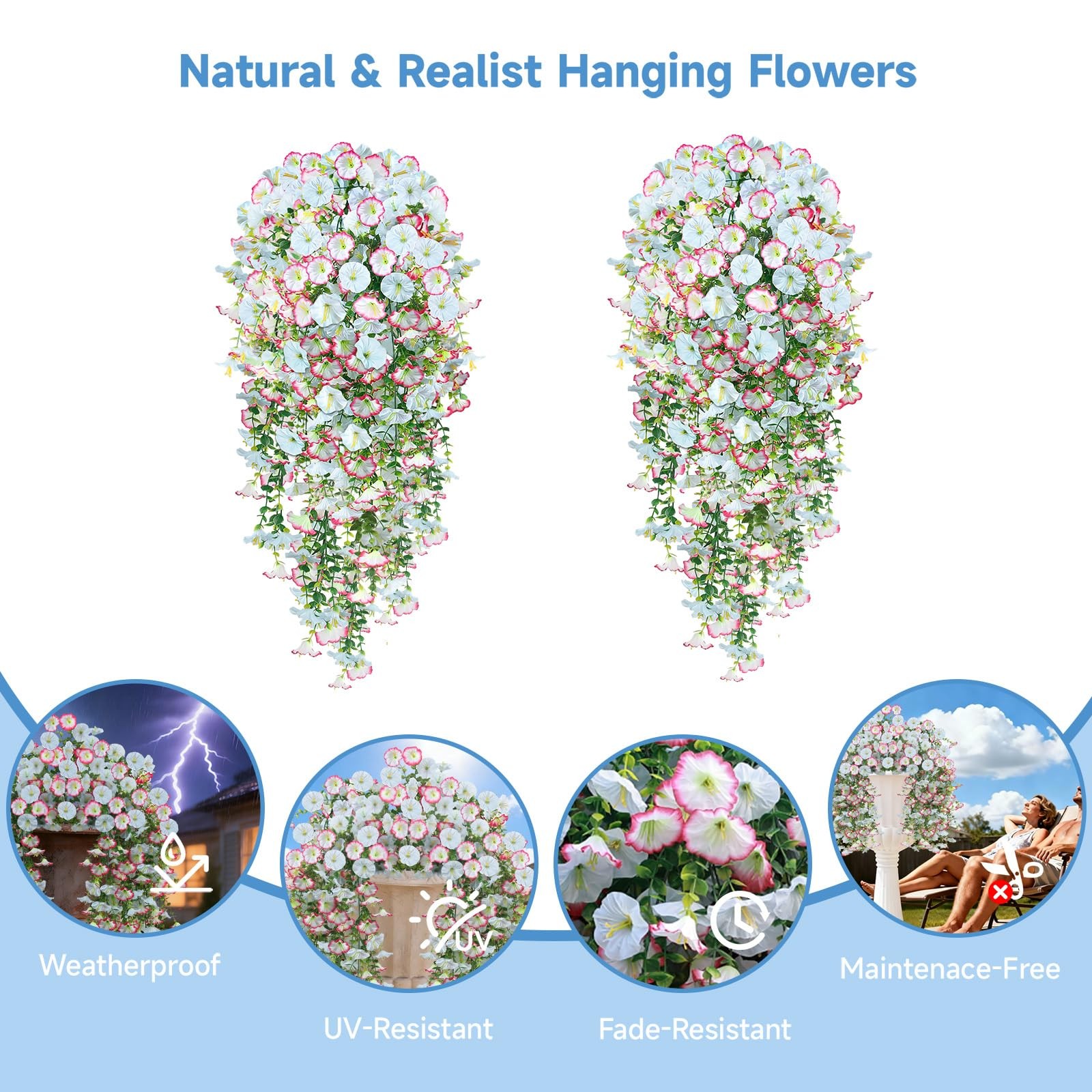 Artificial Hanging Flowers for Outdoors, 2 PCS 300 Blooms UV Resistant Mornin…