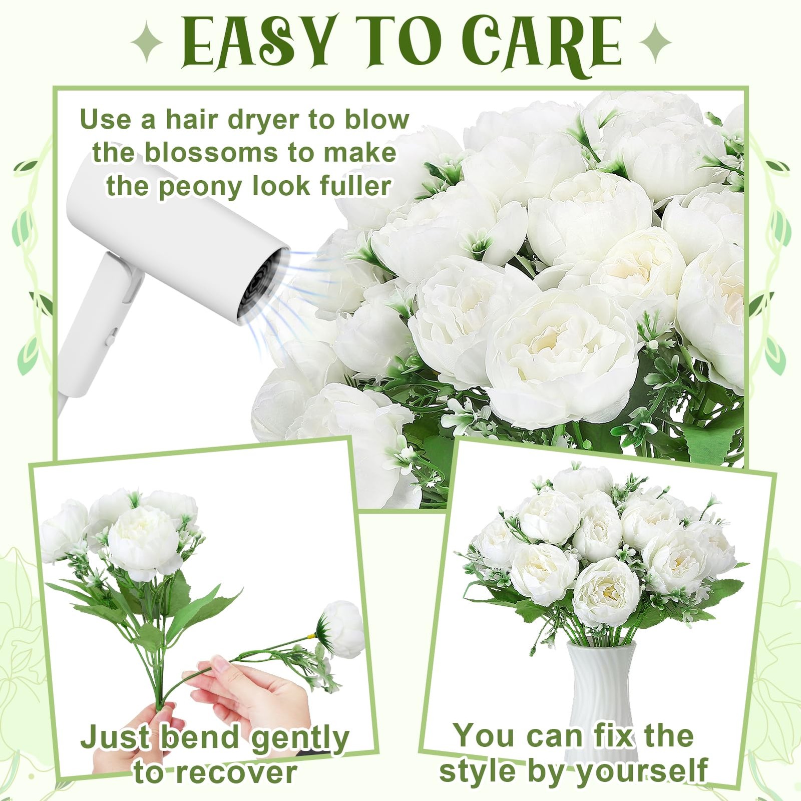 Ovveroche 8 Pack White Peonies Artificial Flowers, Fake Silk Hydrangea Bouque…
