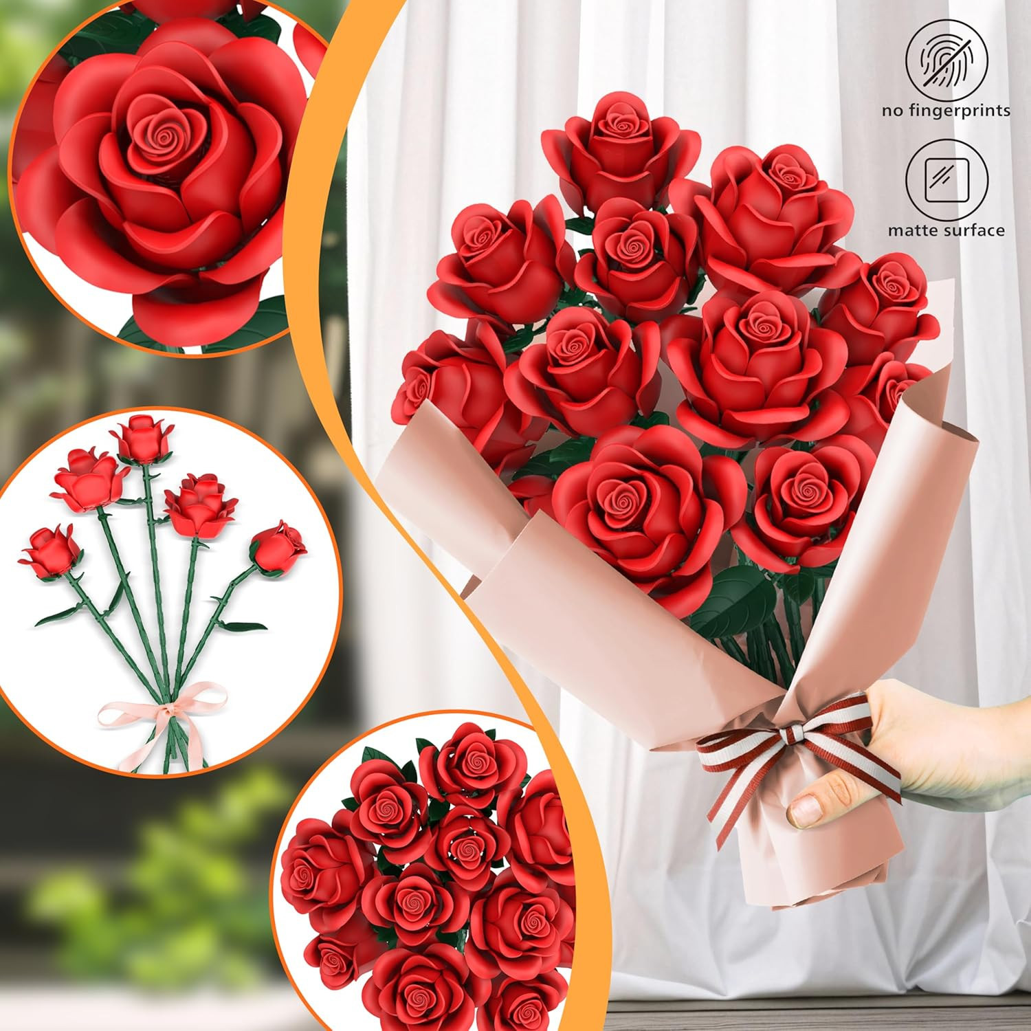 Red Roses Flower Bouquet Building Sets, 670Pcs Artificial Flowers Building Block