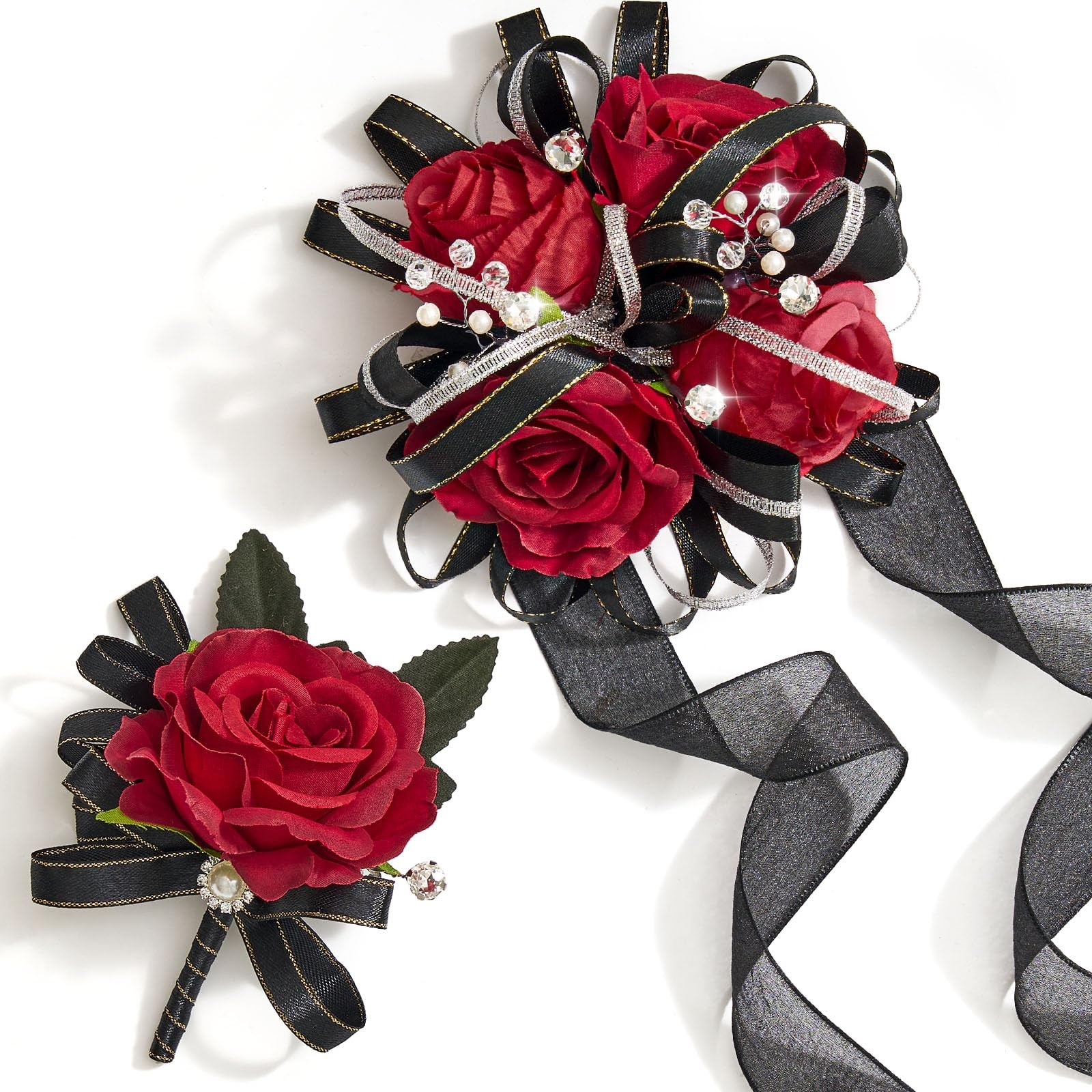 Cilimnas Prom Corsage and Boutonniere Set Red Black,Artificial Silk Rose Wris…