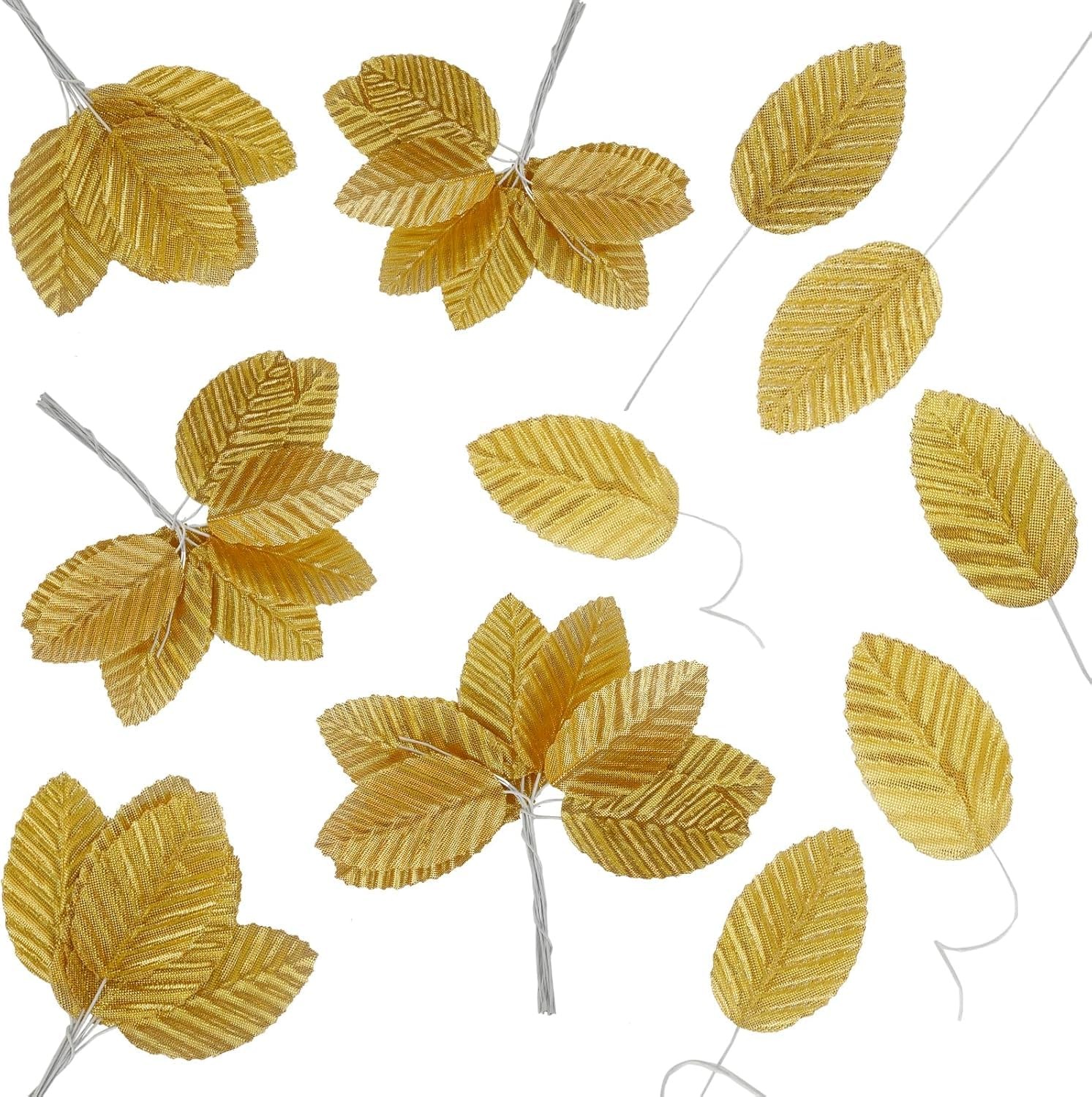 200 Pcs Golden Leaf Decor with Stems Faux Floral Wire Craft Leaves for DIY We…