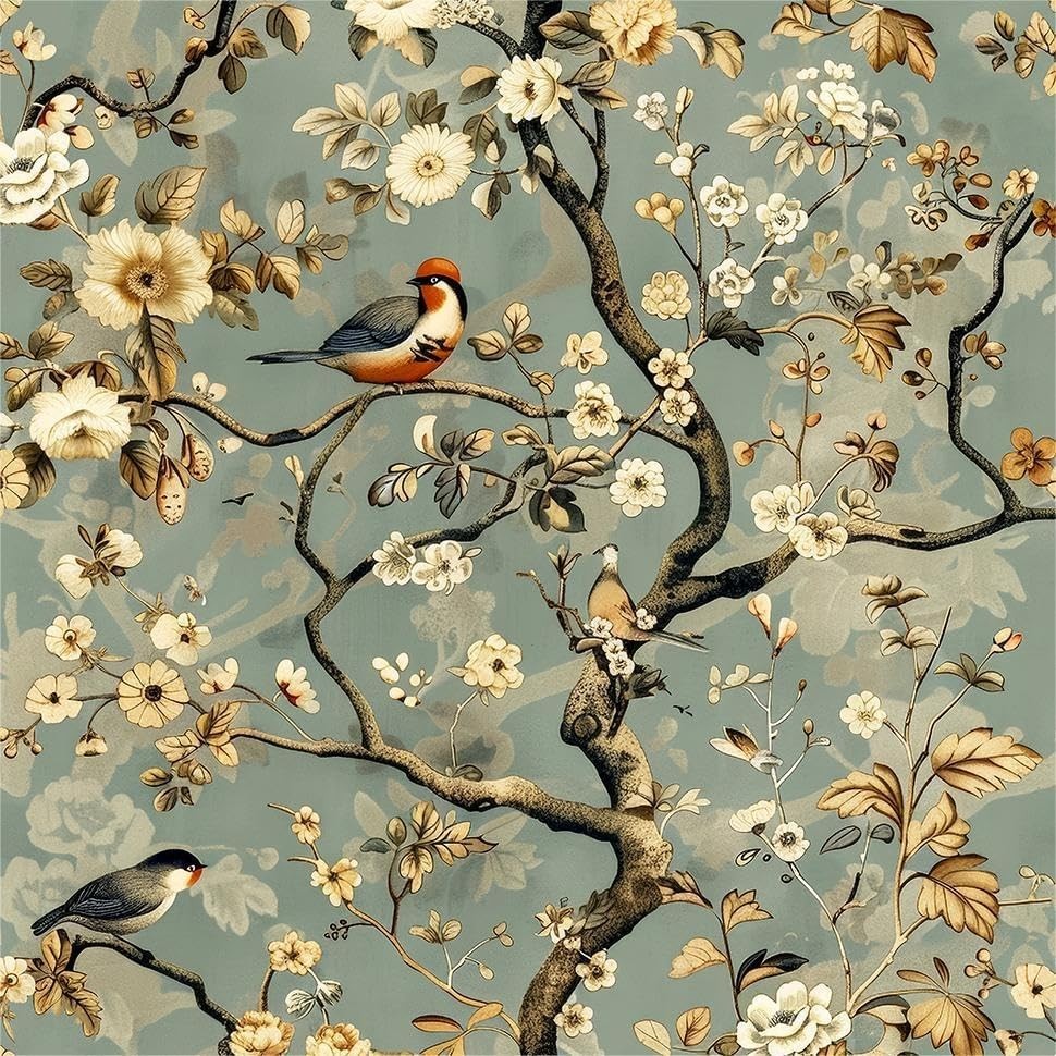 Blue/Yellow White Peony Flowers Bird Vintage Plants Peel and Stick Wallpaper …