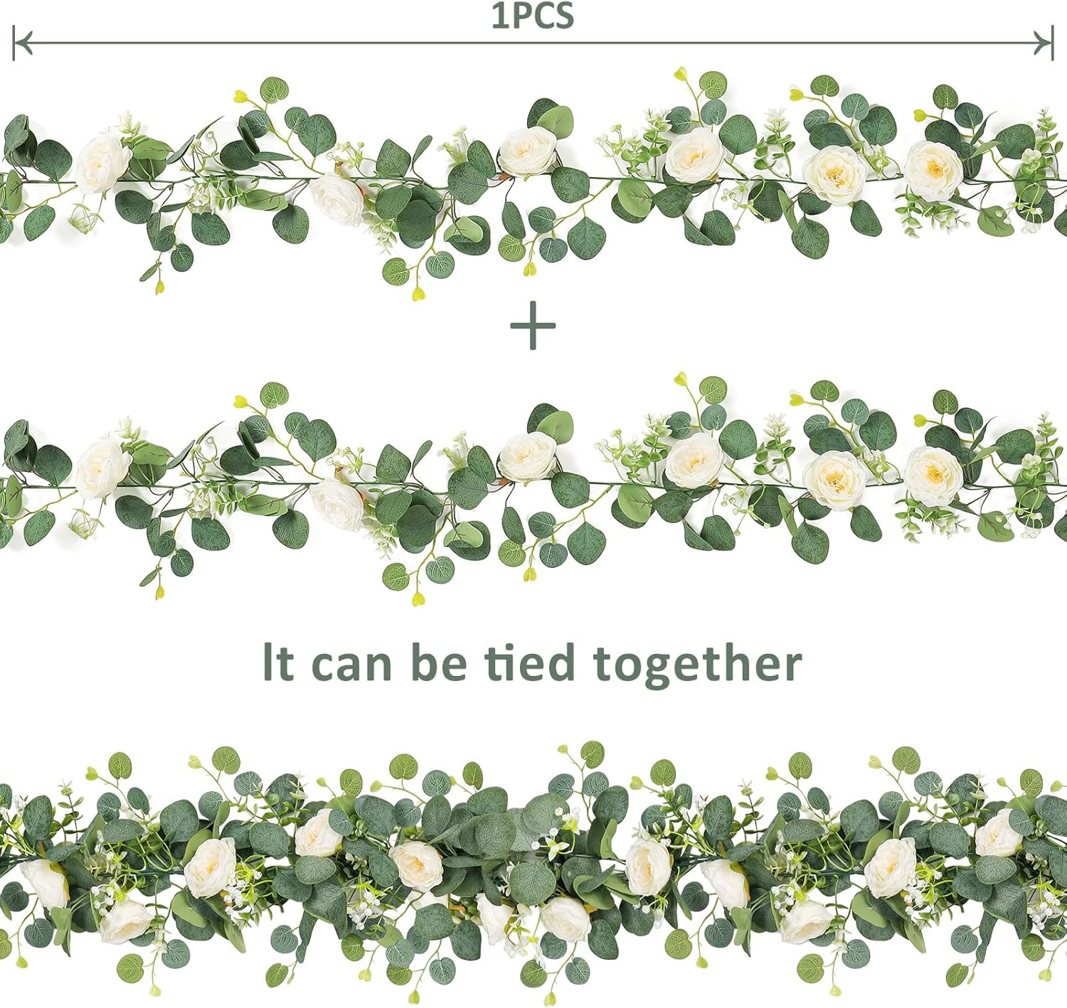 2 Pack 13Ft Artificial Eucalyptus Flower Garland with White Roses, Fake Rose Flo