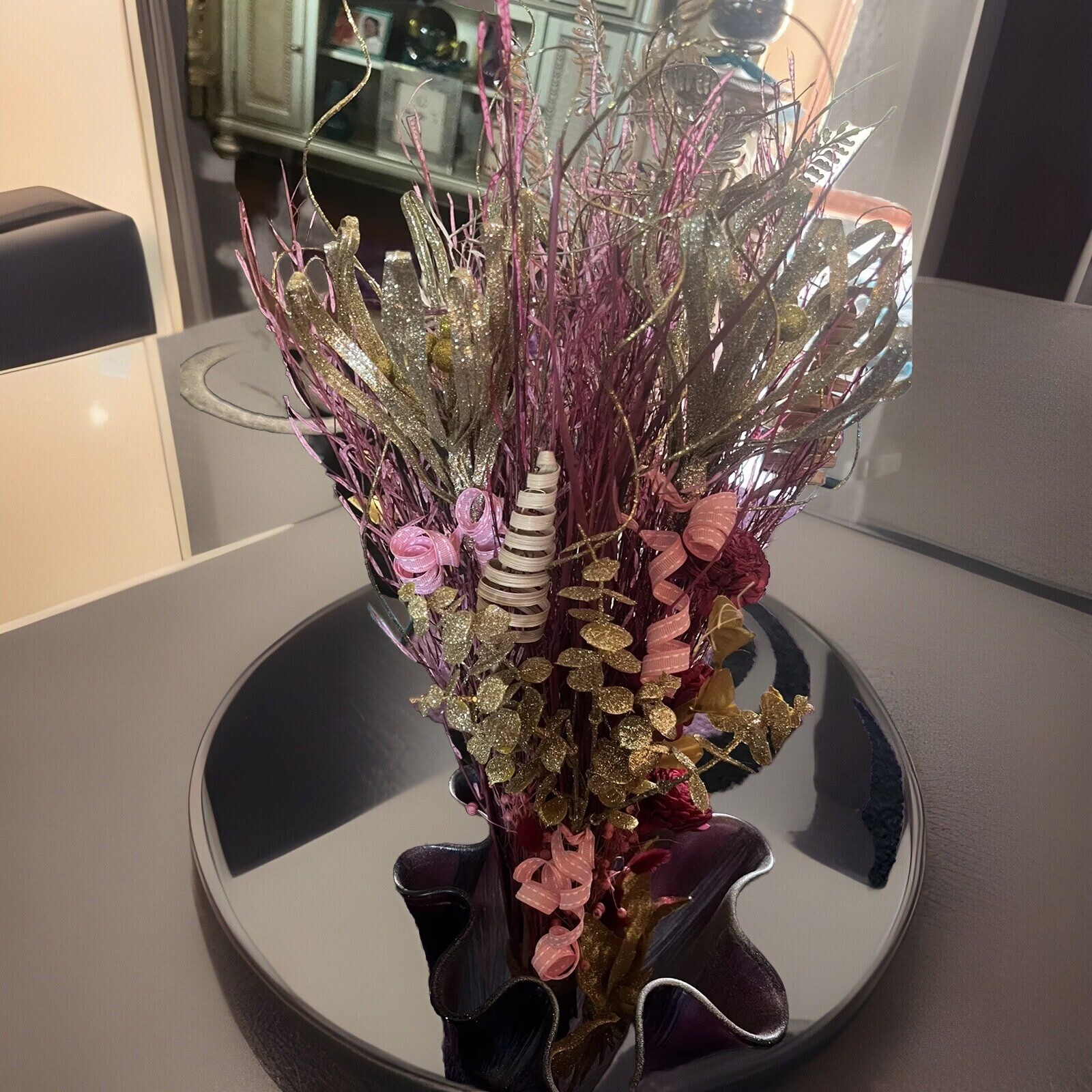 Large vibrant pink and Mauve With Gold floral arrangement, flower arrangement