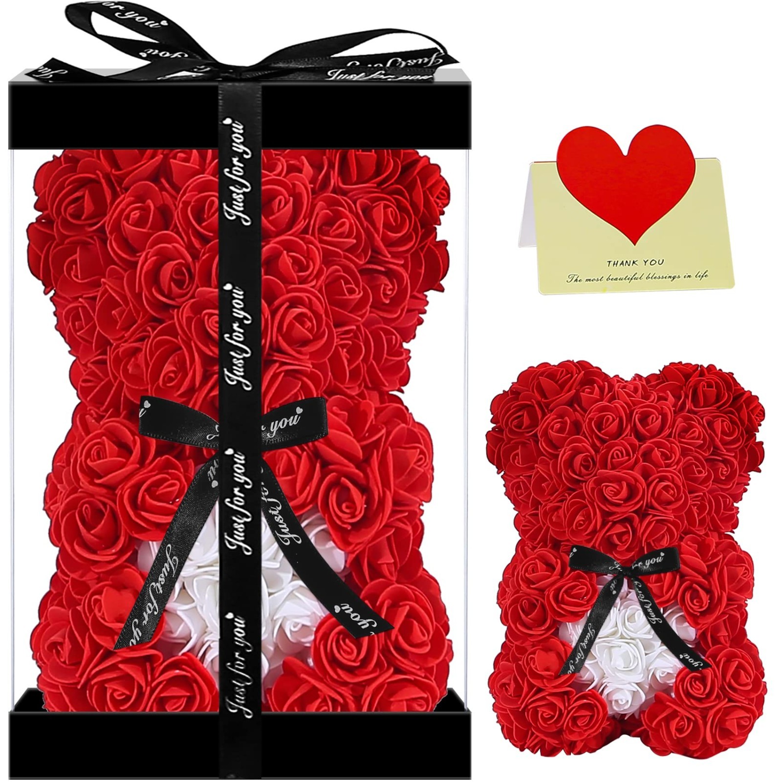 Cute Rose Teddy Bear Gift for Mom – Adorable 10″ Plush Bear in Clear Box – Perfe