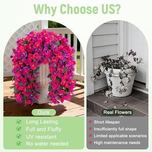2 PCS UV Resistant Faux Bougainvillea Hanging Flowers – Silk Plants for Outdoor