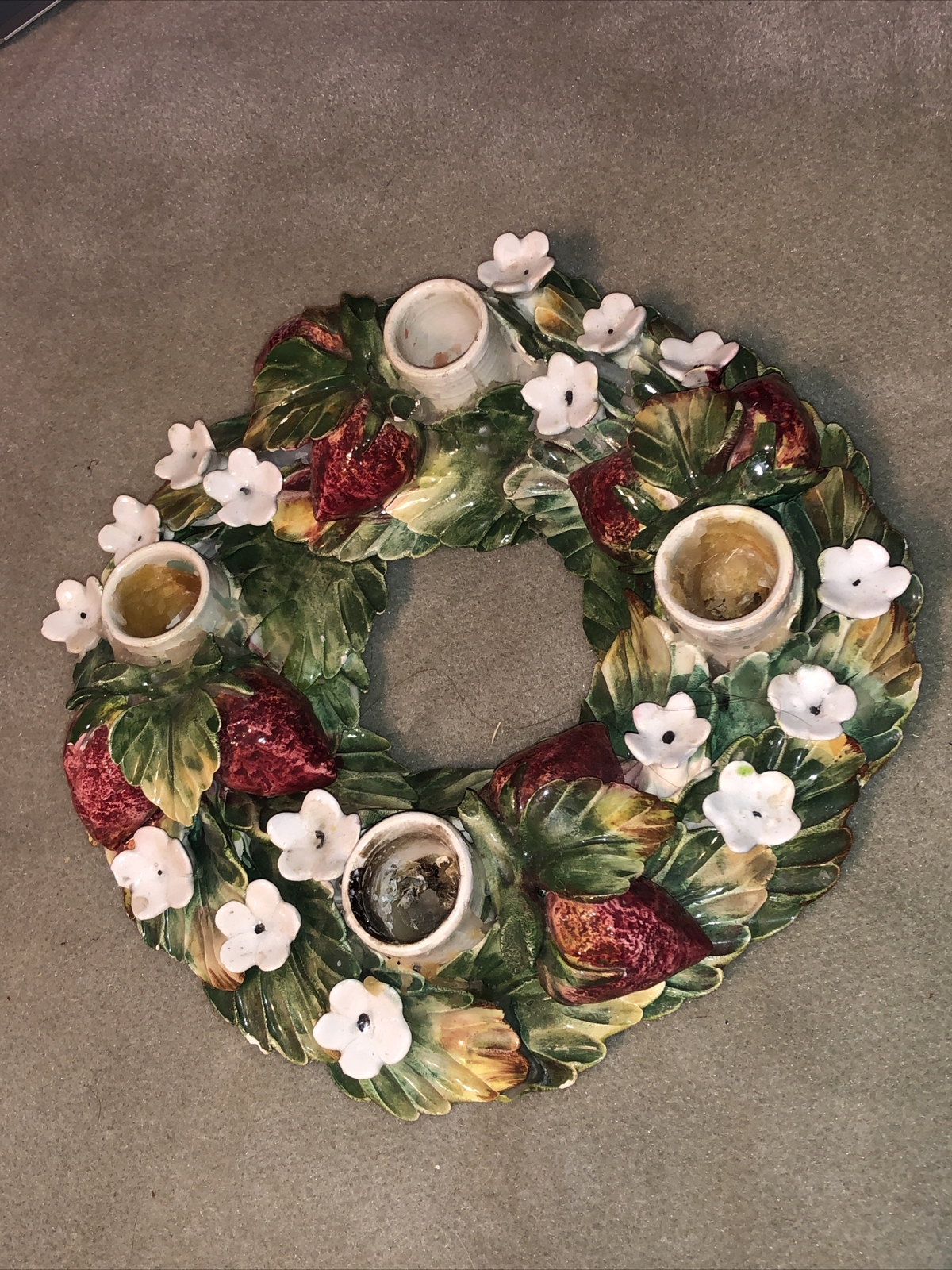 Ceramic Spring Strawberry Floral Wreath Candle Holder Signed Easter/320j