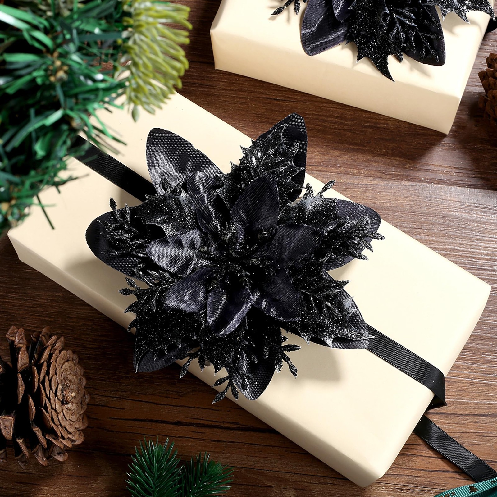 24 PCS 5.5 Inch Black Glitter Artificial Poinsettia Christmas Tree Ornaments