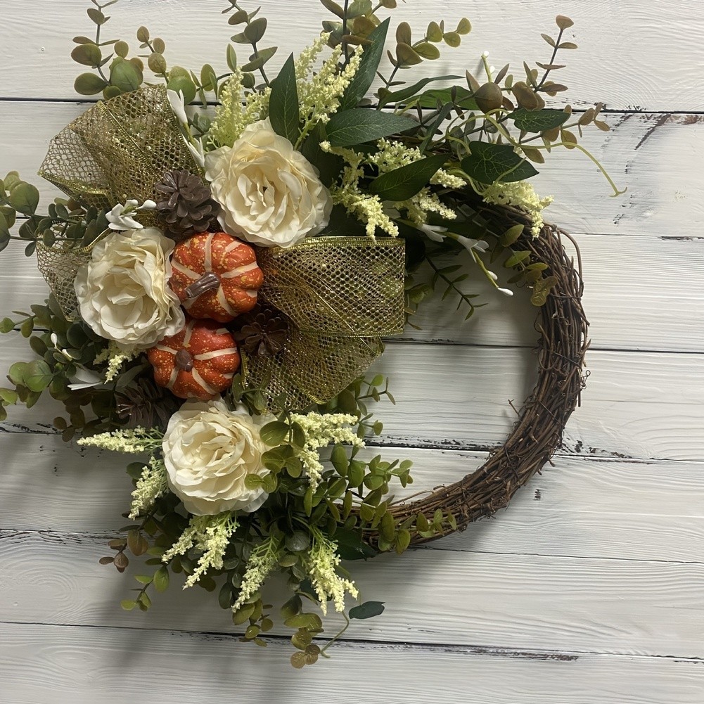 Autumn Wreath with Pumpkin Maple Leaf Eucalyptus Berries for Indoor Outdoor Use