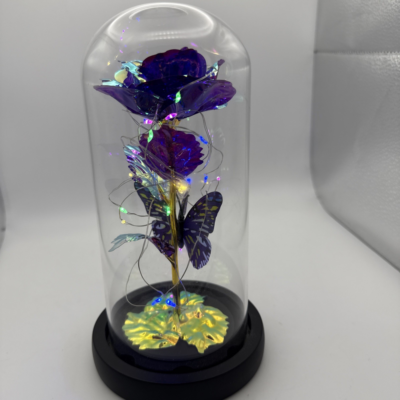 Purple Rose Flower & Butterfly in Glass Dome Cloche LED Lighted Floral Display