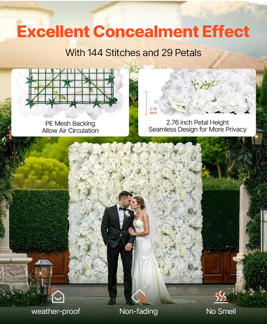 VEVOR 3D Flower Wall Panel – 24 PCS 15 x 15 in Artificial Floral Wall (JNP02102)