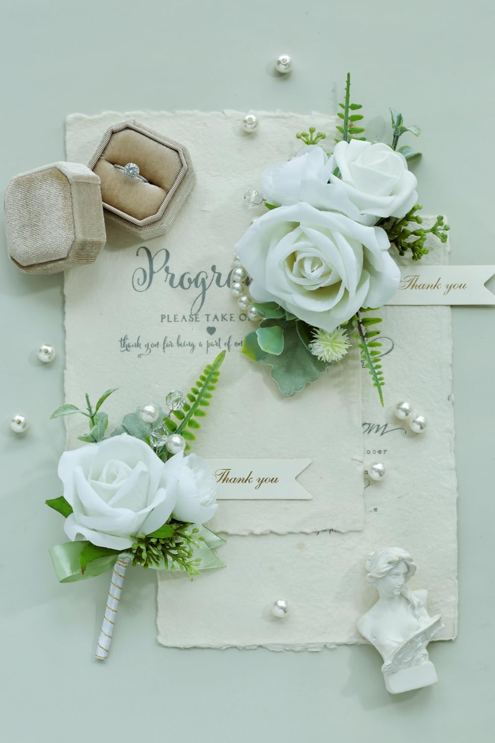 White Green Corsage Boutonniere Set Prom Wedding Homecoming Wristlet Decor