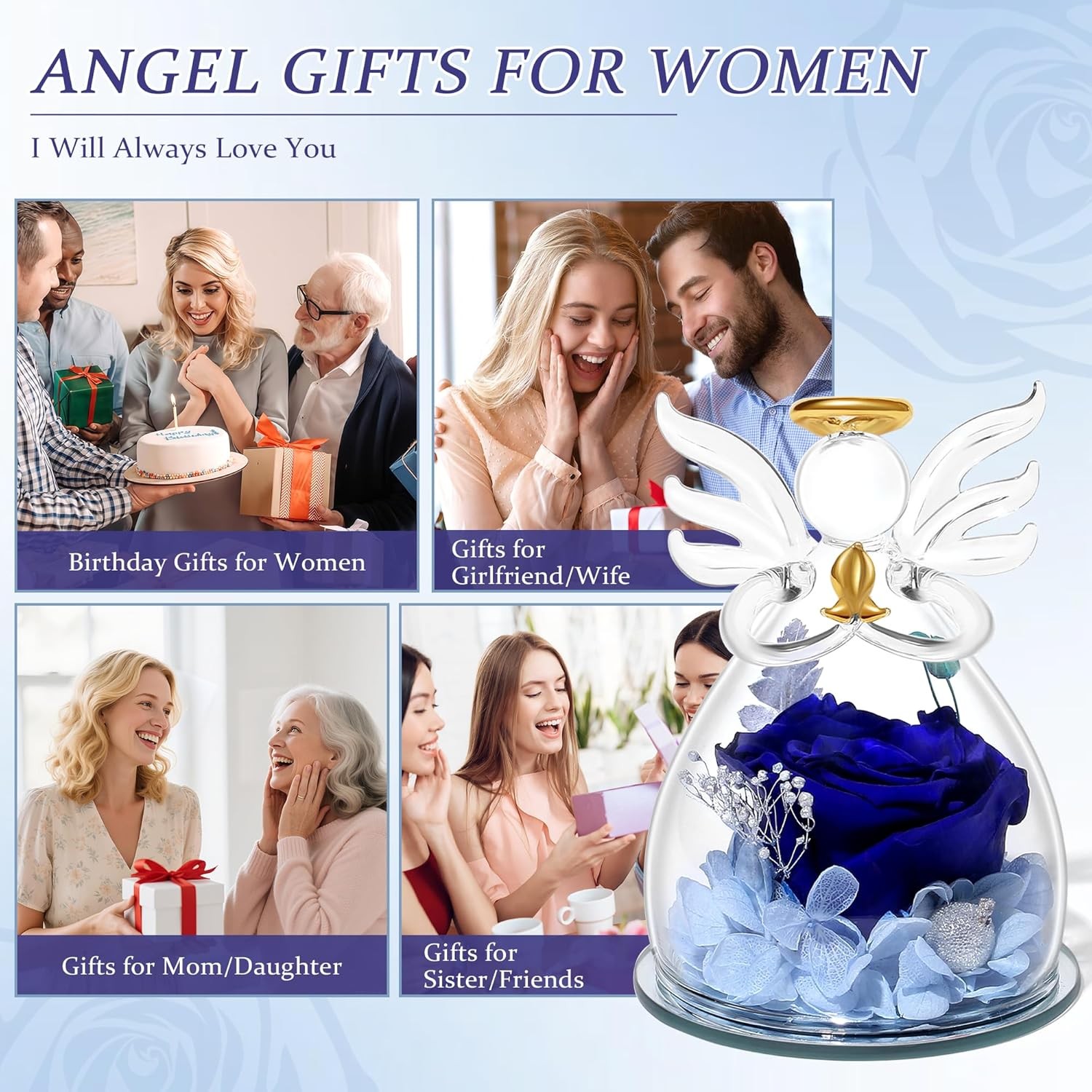 Blue Valentines Day Rose Gifts for Her, Preserved Rose in Glass Dome Angel Figur
