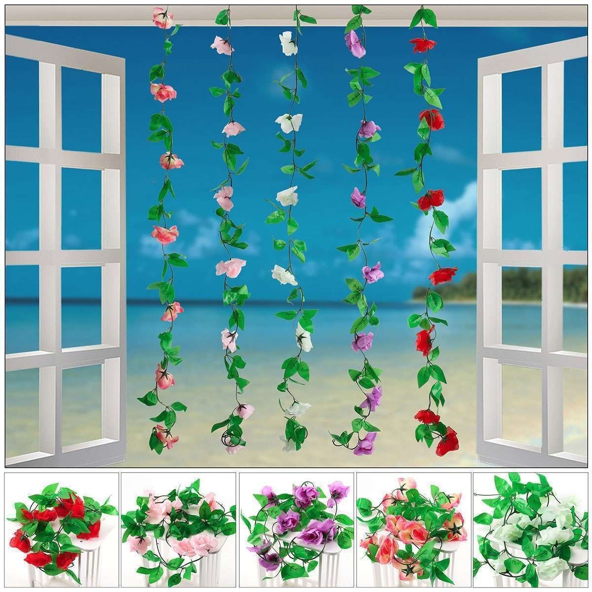 Lot Fake Rose Vine Flowers Plants 7.5Ft Artificial Hanging Ivy Home Party Decor