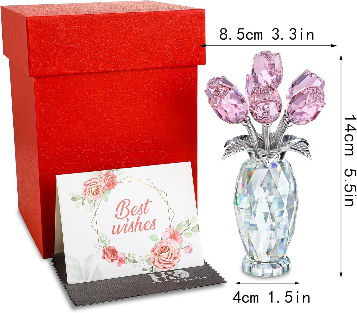Pink Crystal Rose Bouquet Figurine,Handmade Rose Flower Gifts for Mom Gifts