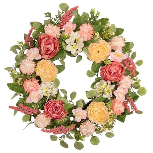 22 Inch Spring Summer Wreath for Front Door, Realistic Silk Peony & Hydrangea