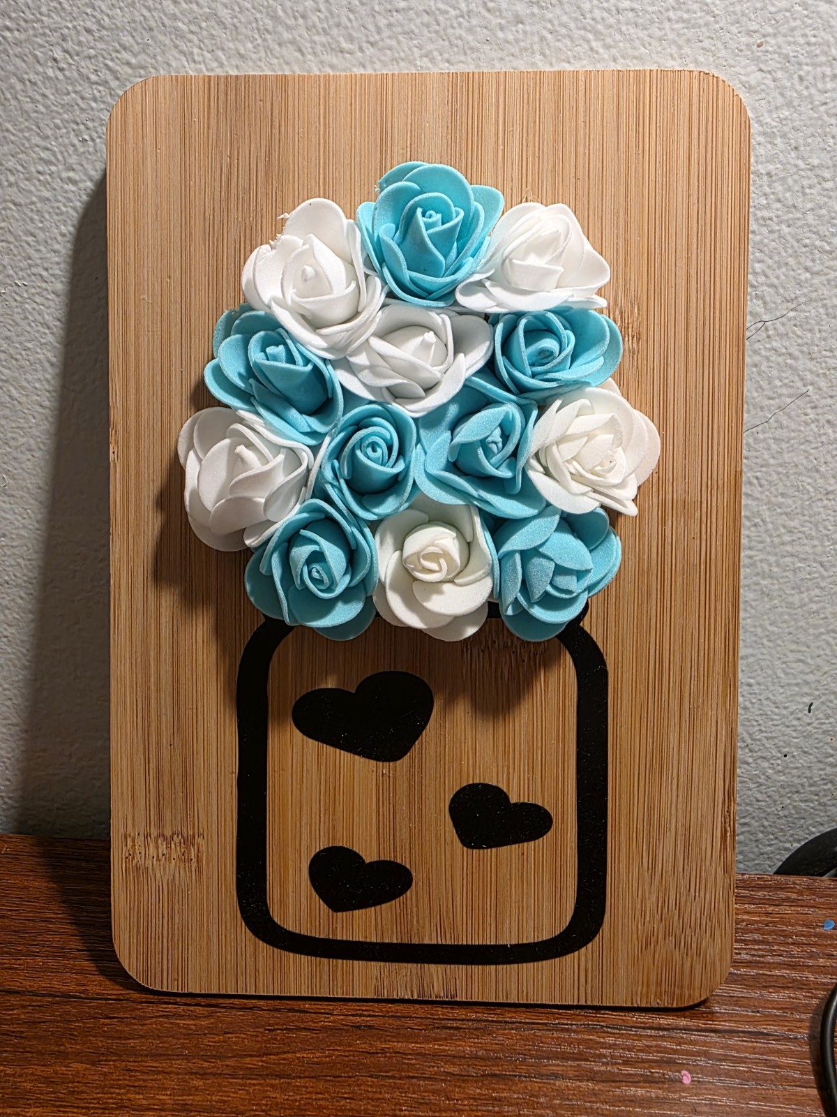 Blue & White Artificial Rose Floral Wall Decor Wood Plaque with Heart Cutout