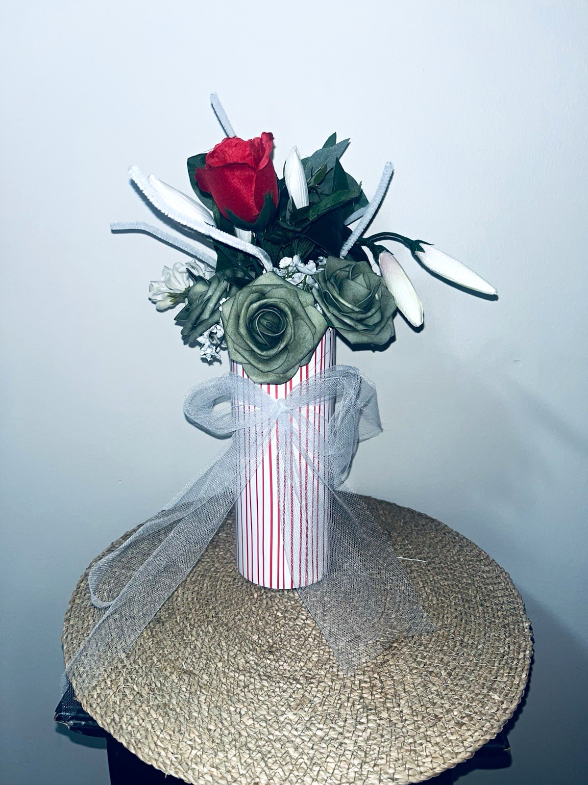 Artificial Rose Flower Arrangement in Striped Vase w/ Bow, Multicolor