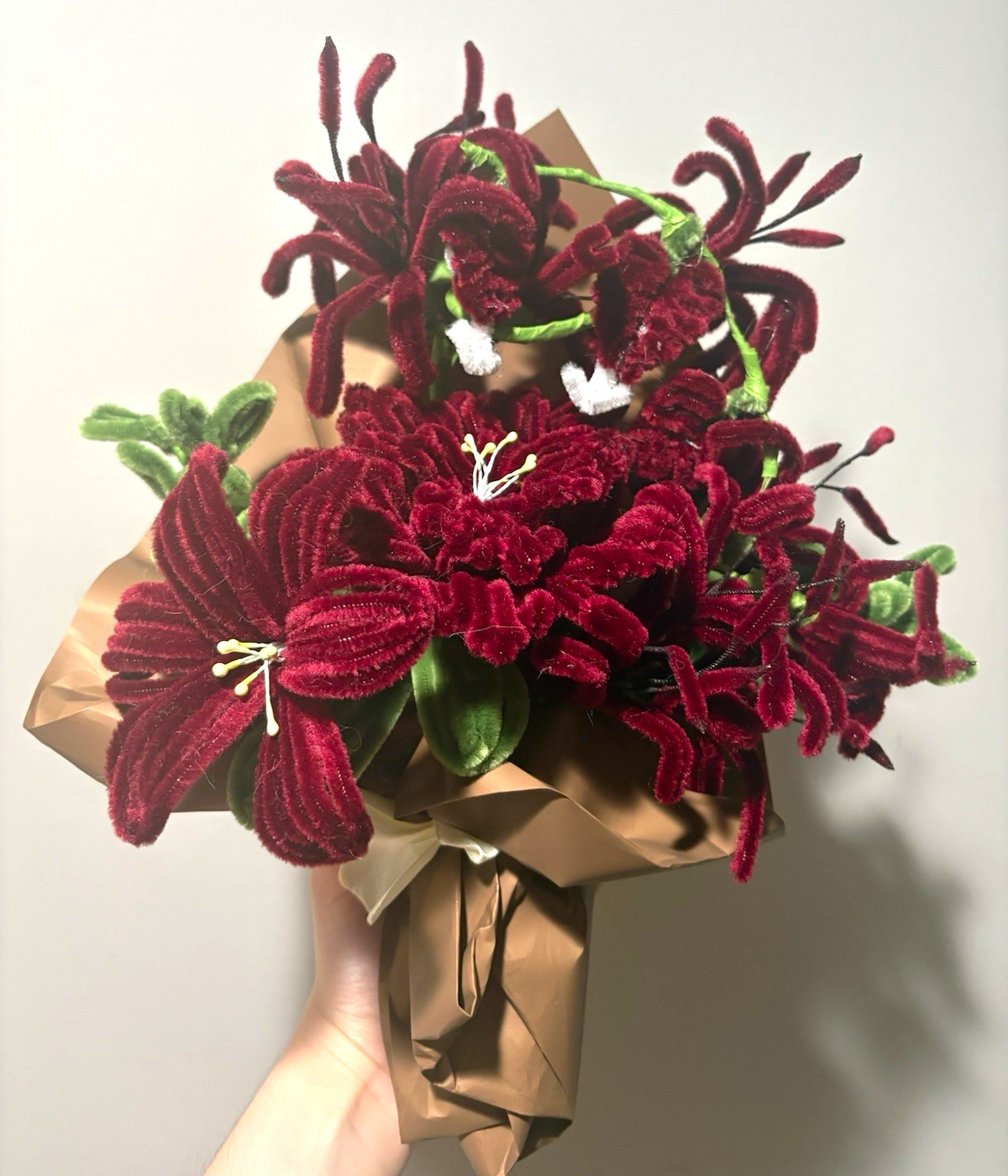 Artificial Burgundy & Green Floral Flower Bouquet-pipe cleaner flowers