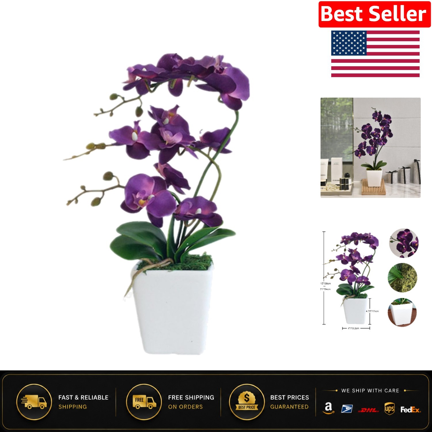 Lifelike 15″ Phalaenopsis Orchid with Square Ceramic Pot – Ideal for Home Decor