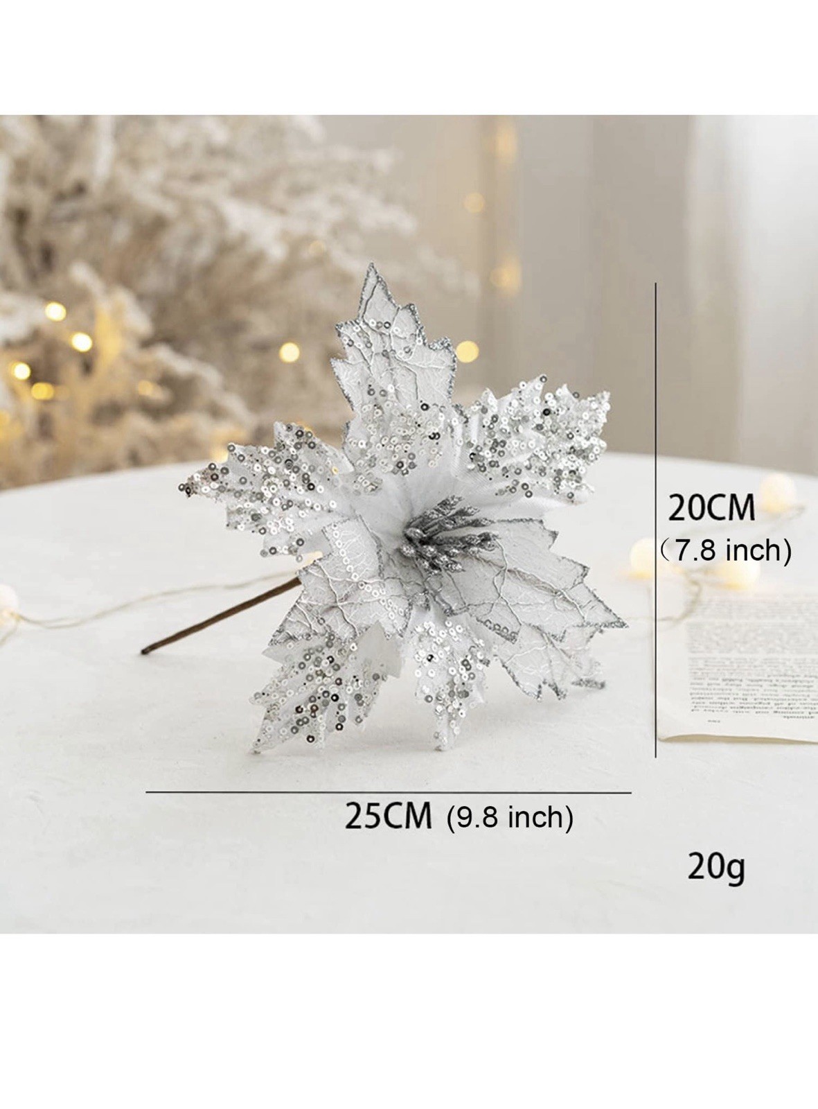 6PCS Poinsettias Christmas Tree Flowers 9.8” Artificial White/Silver (T-34)