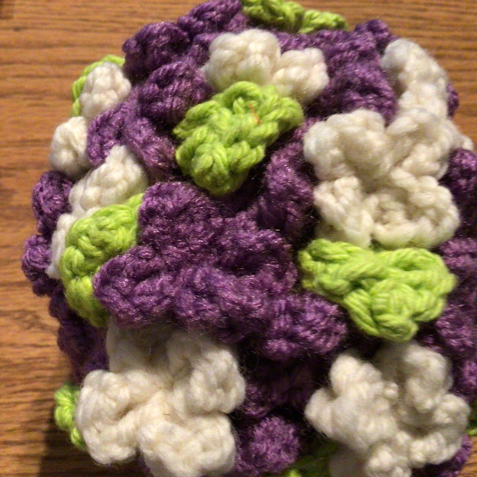 Crochet Bouquet in Yarn Vase, Handmade Floral, Purple, white, green, brown