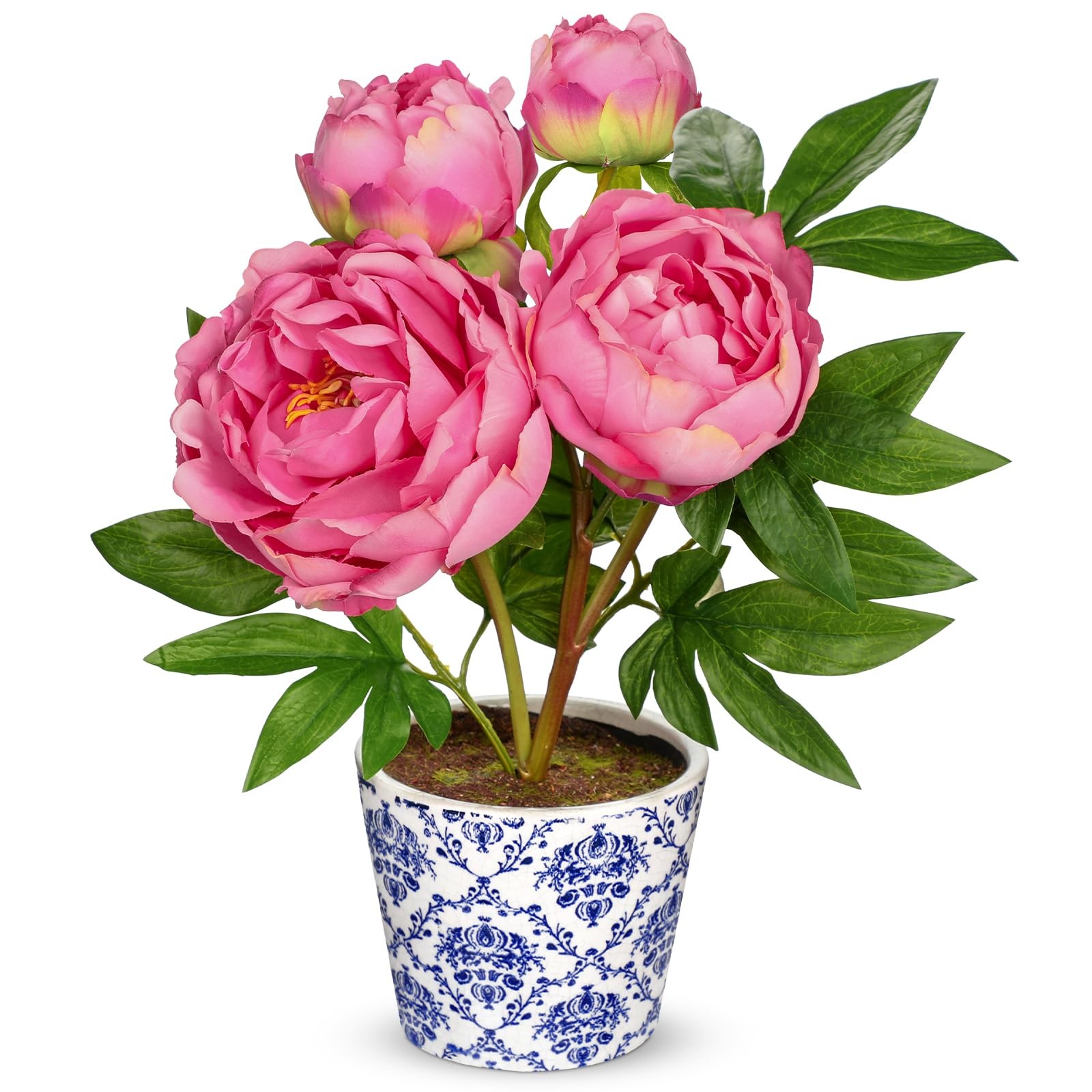 Faux Peony Flowers in Blue and White Ceramic Pot – 13.8″ Realistic Silk Peoni…