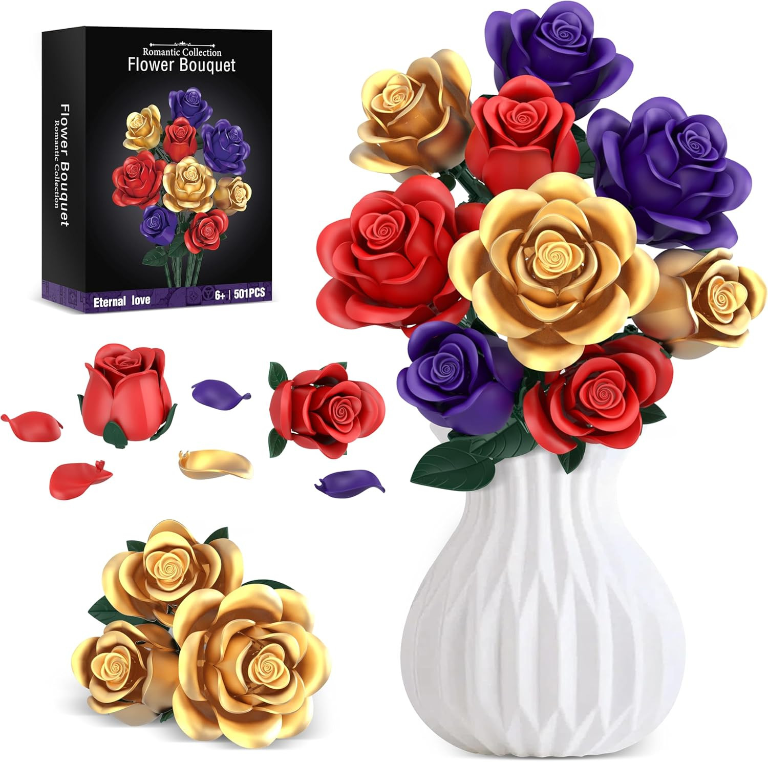 Rose Bouquet Flowers Building Set, 501Pcs Red Purple Golden Roses Artificial Flo