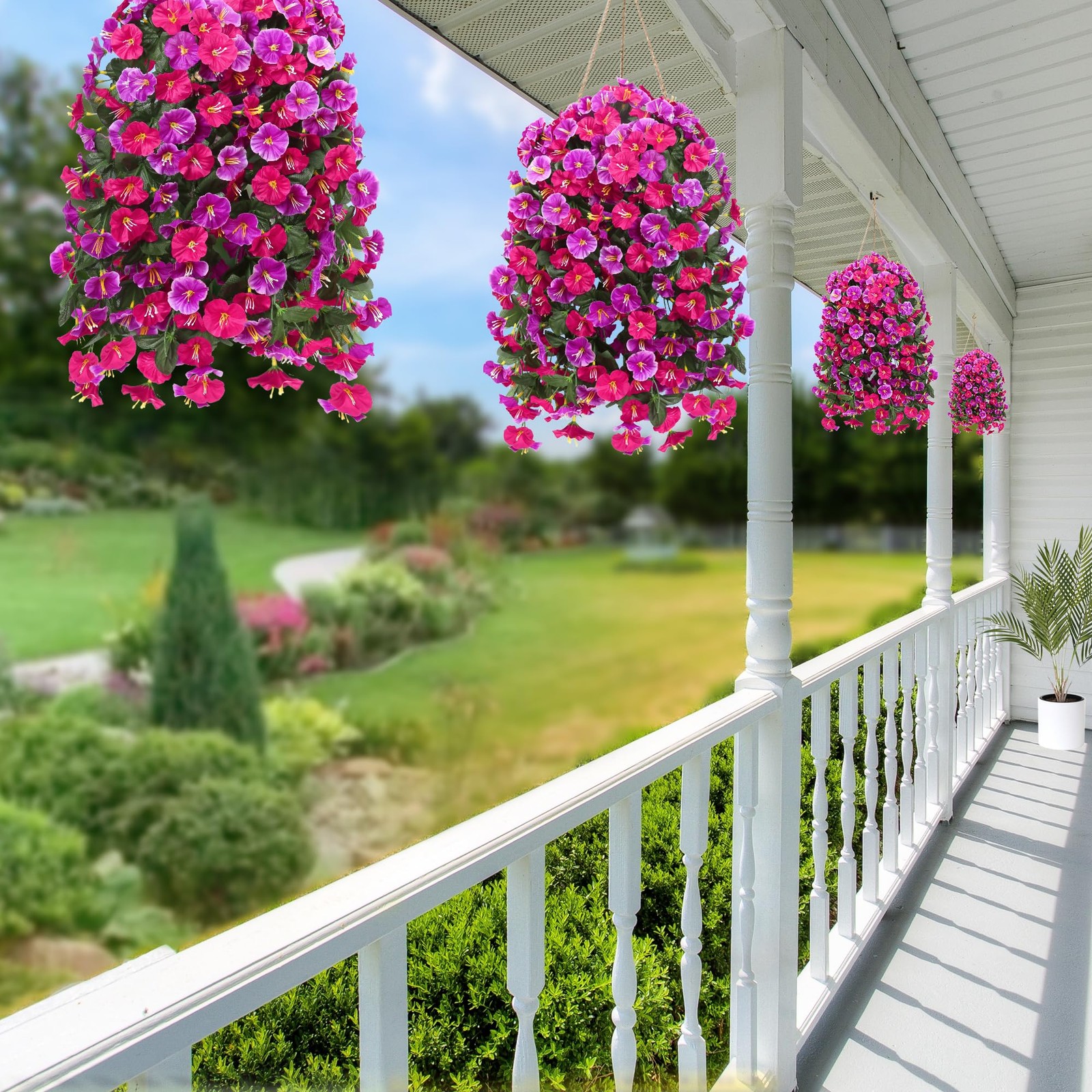 4PCArtificial Hanging Flowers Outdoor UVResistant Morning Glory Rose Red Magenta