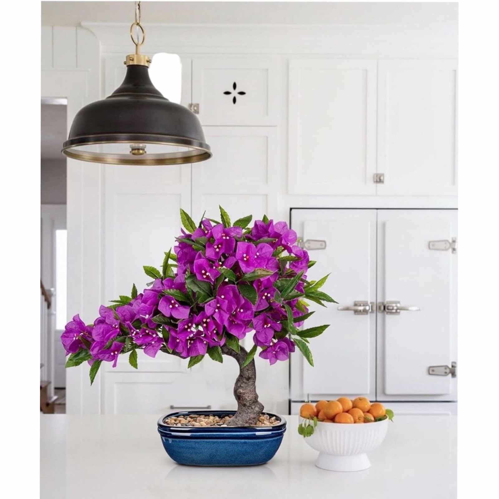 18.5” Purple Bougainvillea Bonsai Tree Blue Pot Artificial Silk Plant Decor