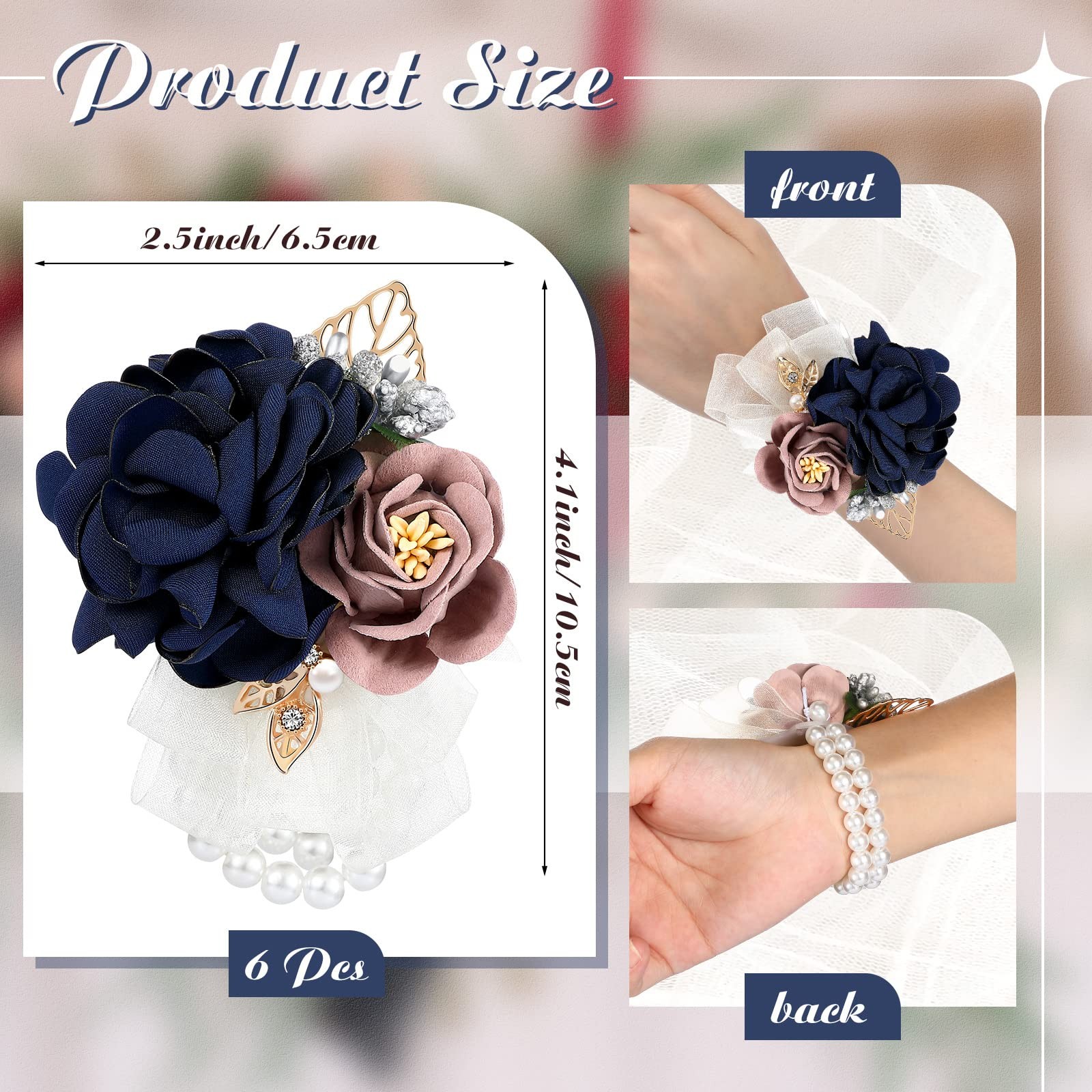 6 PCS Navy Blue Rose Wrist Corsage, Pearl Bead Wristband for Wedding, Prom