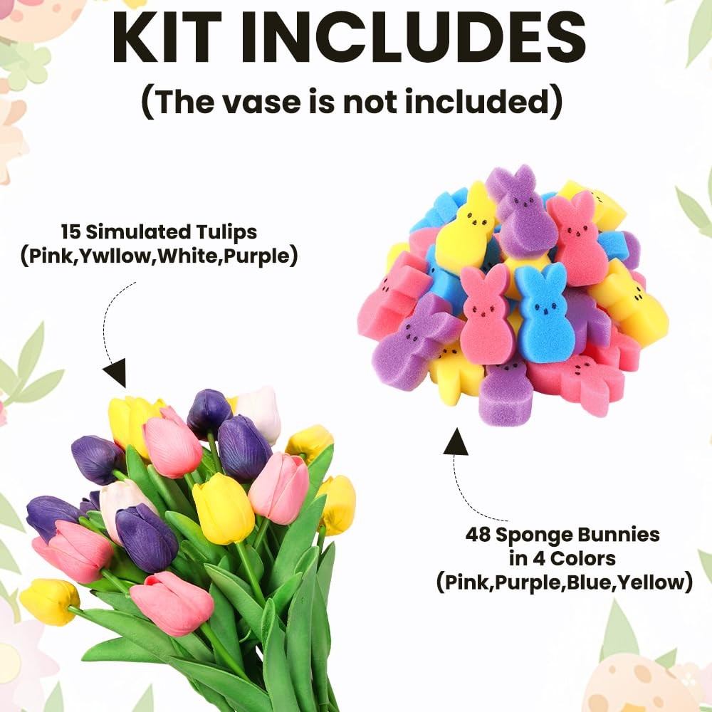 15 PCS Artificial Tulips 48 PCS Sponge Bunny Easter Vase Filler Set