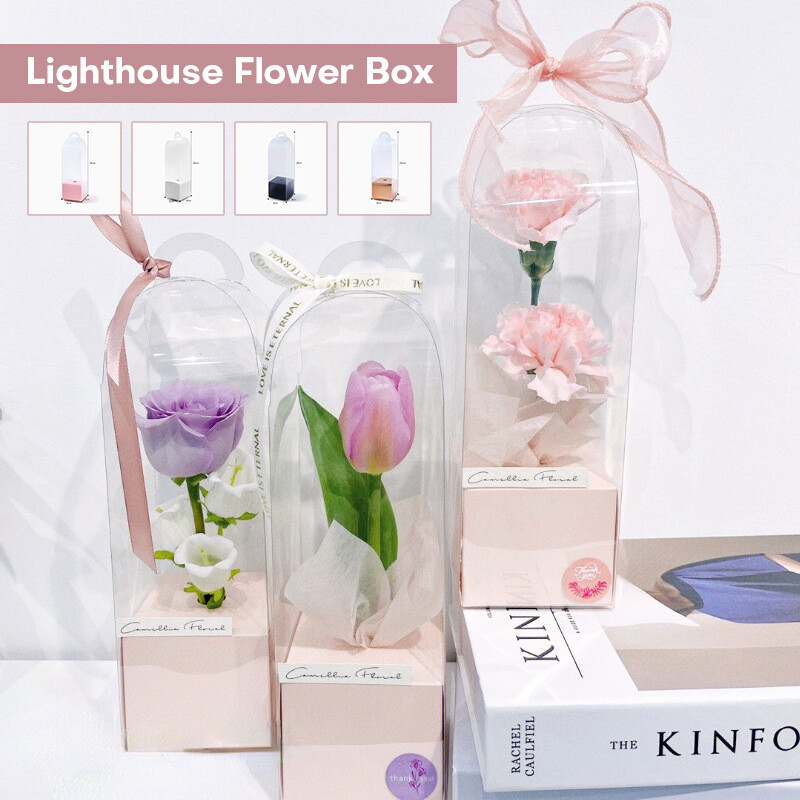 Transparent Rose Flower PVC Box Lighthouse Portable Flower Valentine Bouquet Box