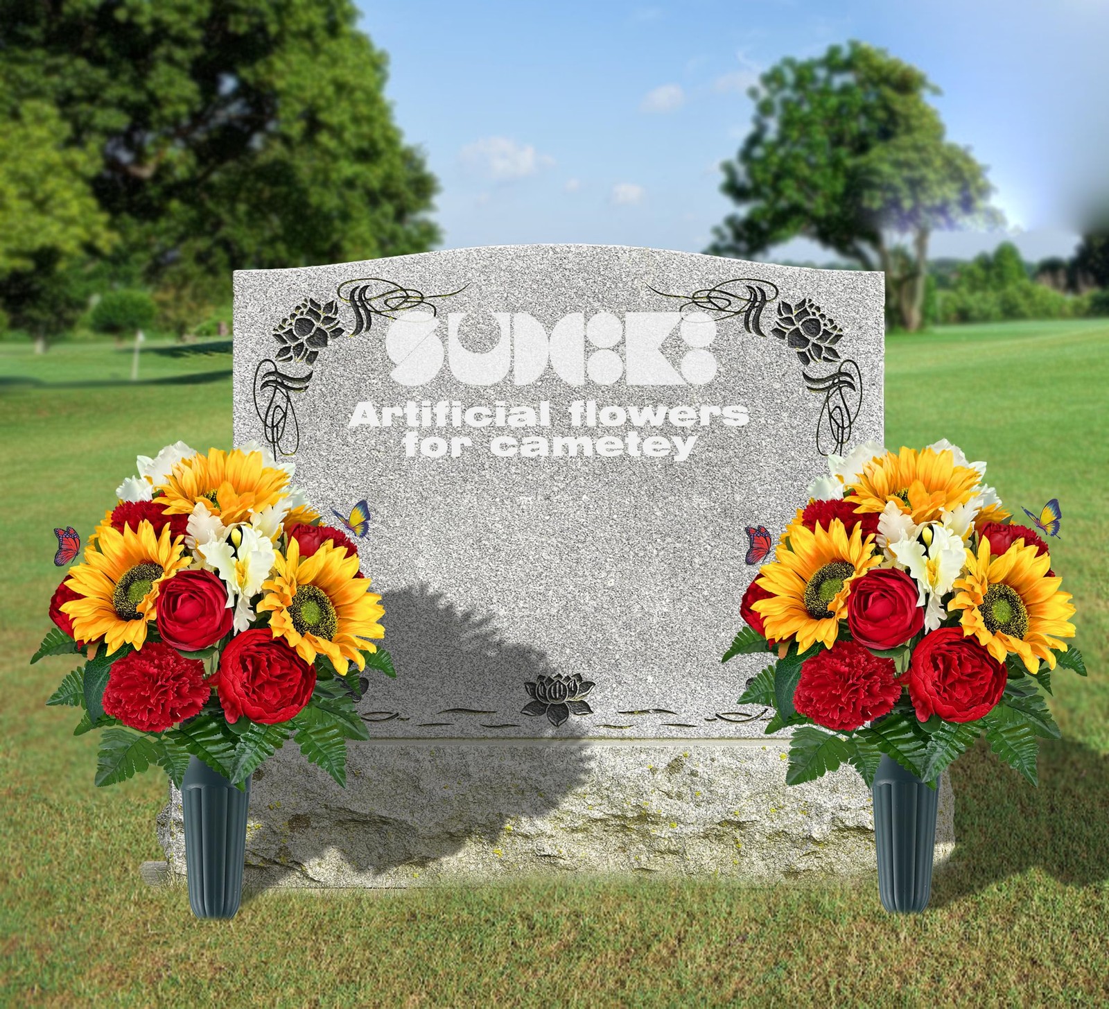 Red Orange Silk Sunflower Peony Cemetery Flowers Vase Grave Decor Butterflies