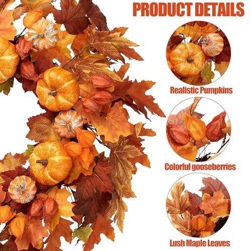 Autumn Wreath 21″ – Artificial Fall Decor with Pumpkins, Maple Leaves & Lanterns