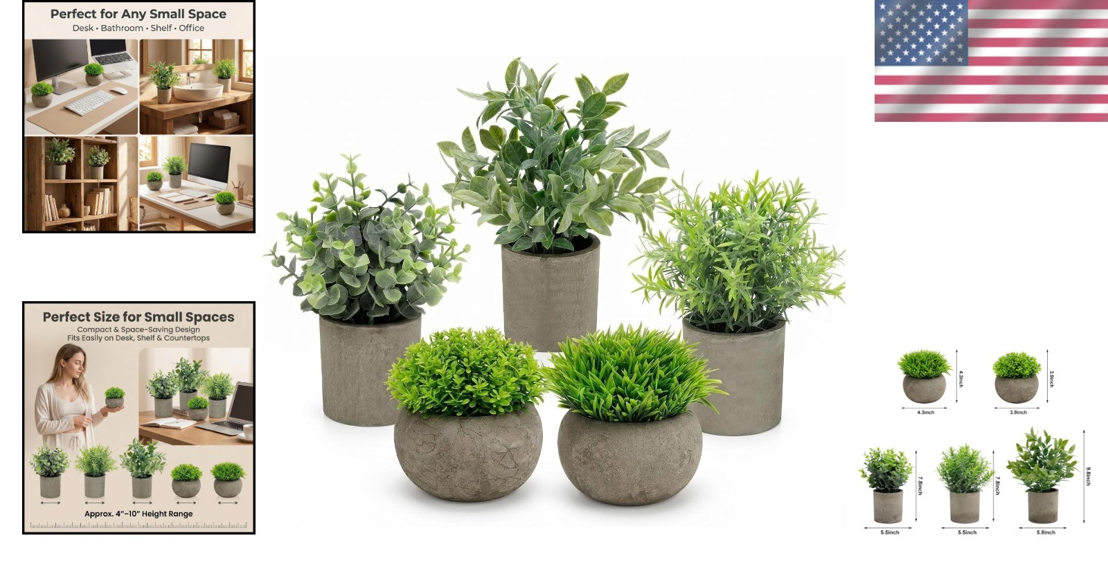 Chic Round Leaf & Grass Artificial Plants – 5 Potted Greenery for Office or Home
