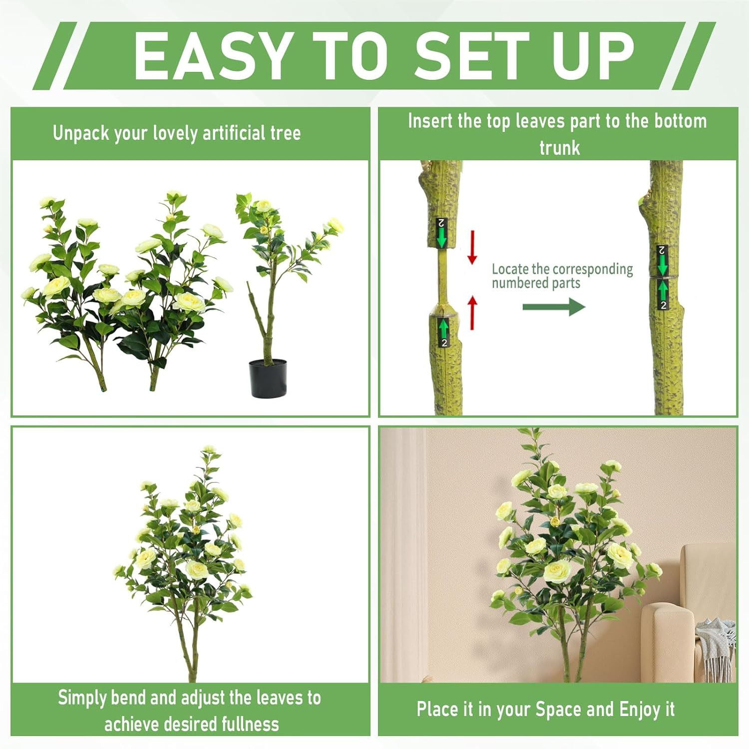 Artificial Camellia Tree, 4FT Faux Camellia Plant Indoor, Realistic Artificial T