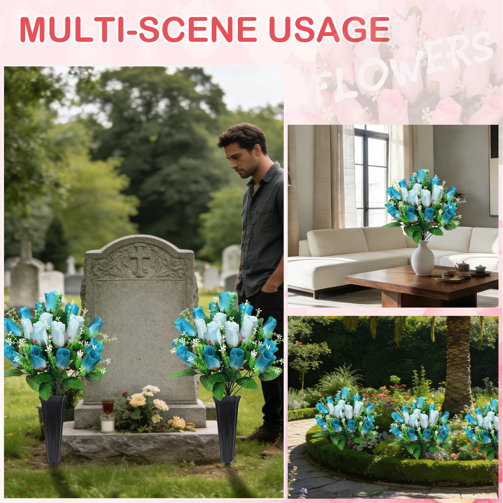 2 PCS Artificial Cemetery Flowers Deep Blue White Memorial Bouquet Vase Spike