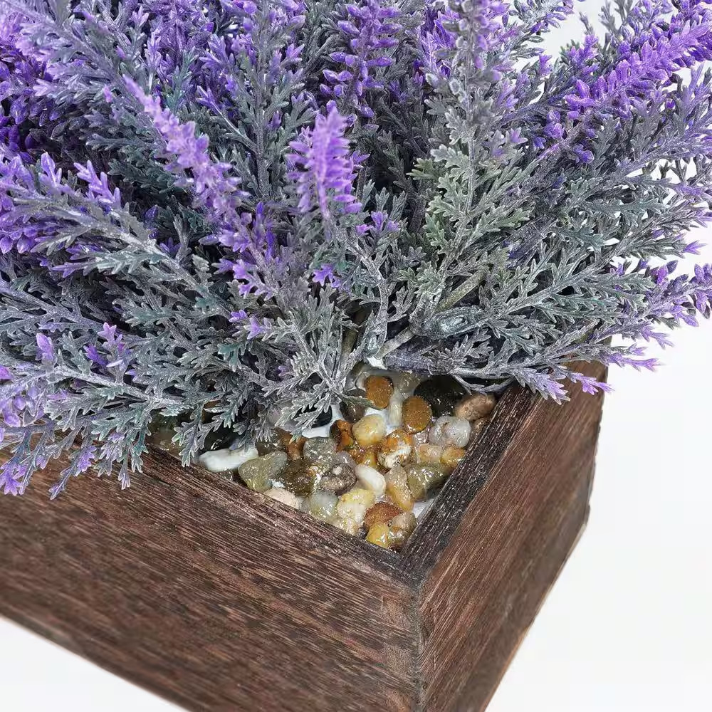 14 In. Artificial Lavender Plants in Brown Rectangular Wood Planter