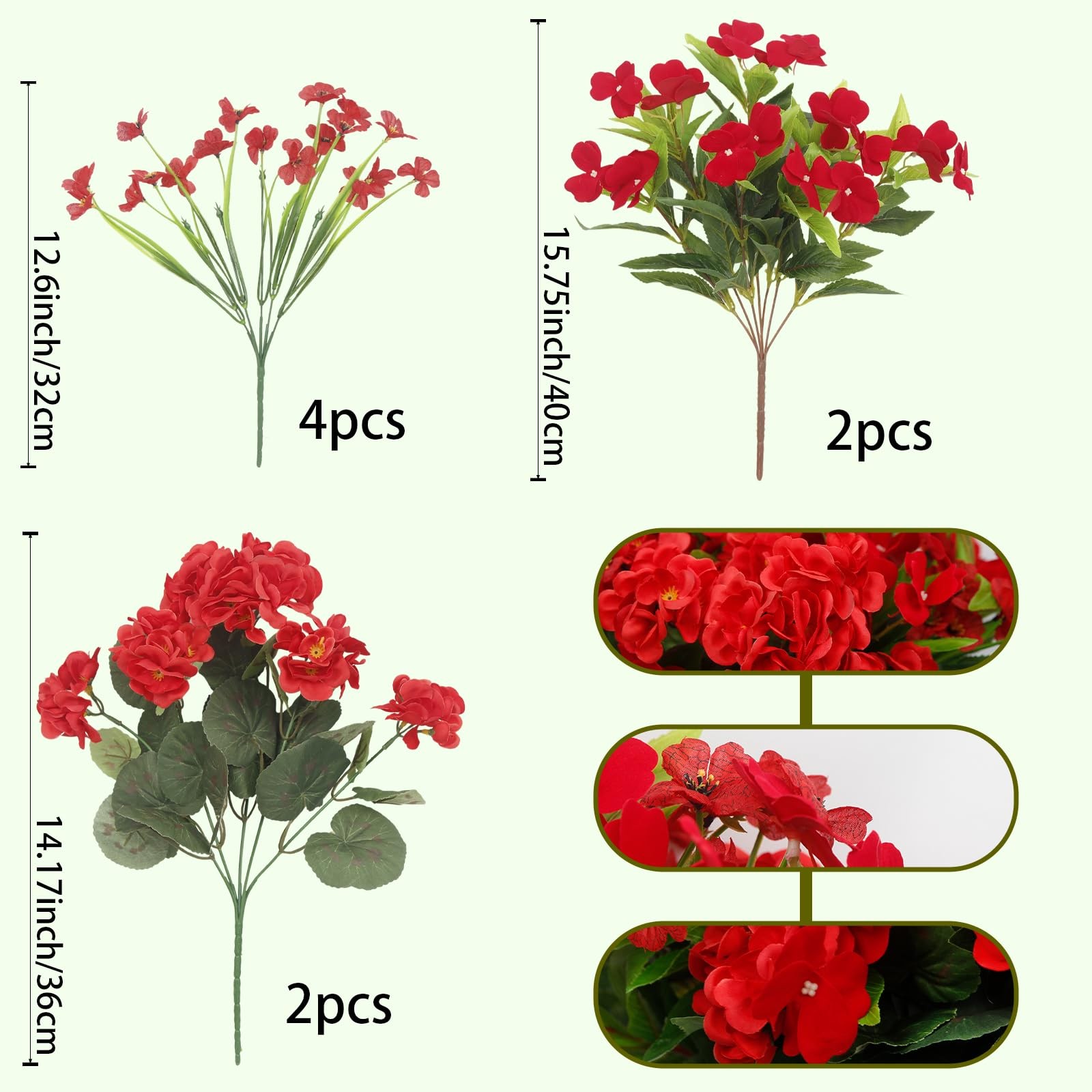 8 Pcs Artificial Flowers for Outdoors Impatiens Silk Geraniums Flowers Red UV…