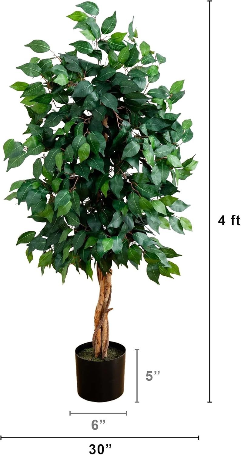 Lifelike 4ft Ficus Silk Tree with Natural Wood Trunks – No Maintenance Needed