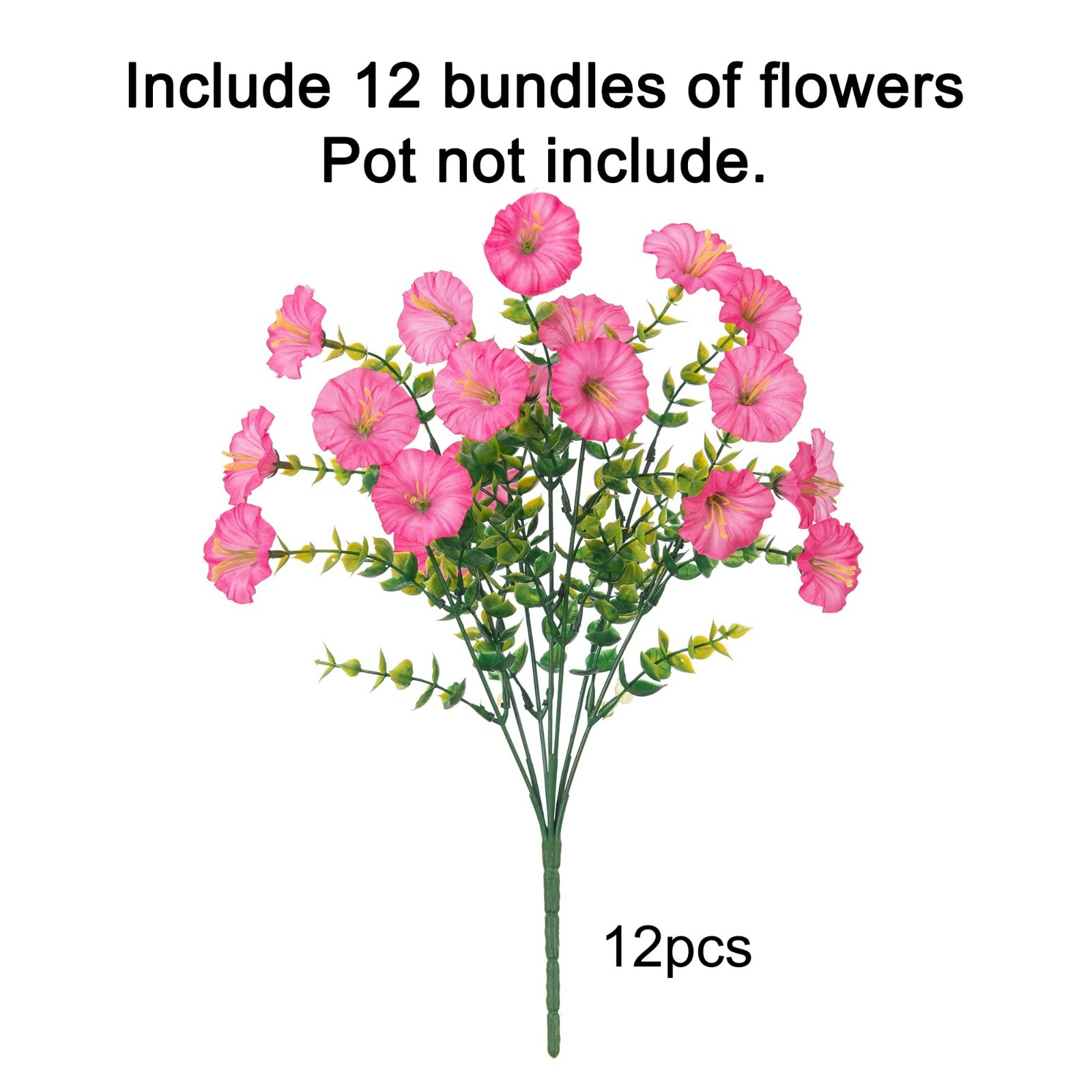 12 Bundles UV Resistant Pink Morning Glory Fake Flowers for Outdoor Decor, Eucal