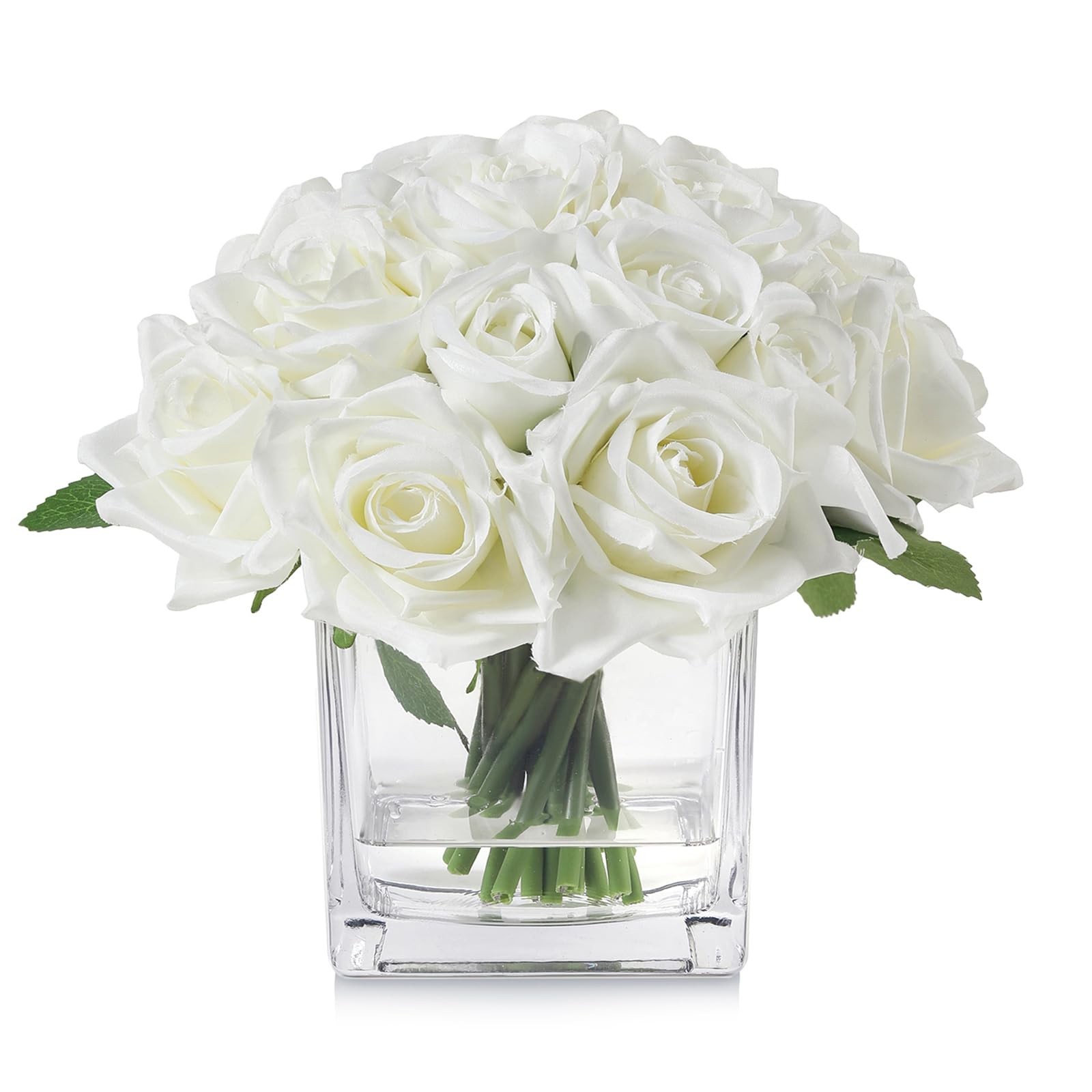 18 Heads Artificial Rose Flowers In Vase Faux Water Cream Table Decor