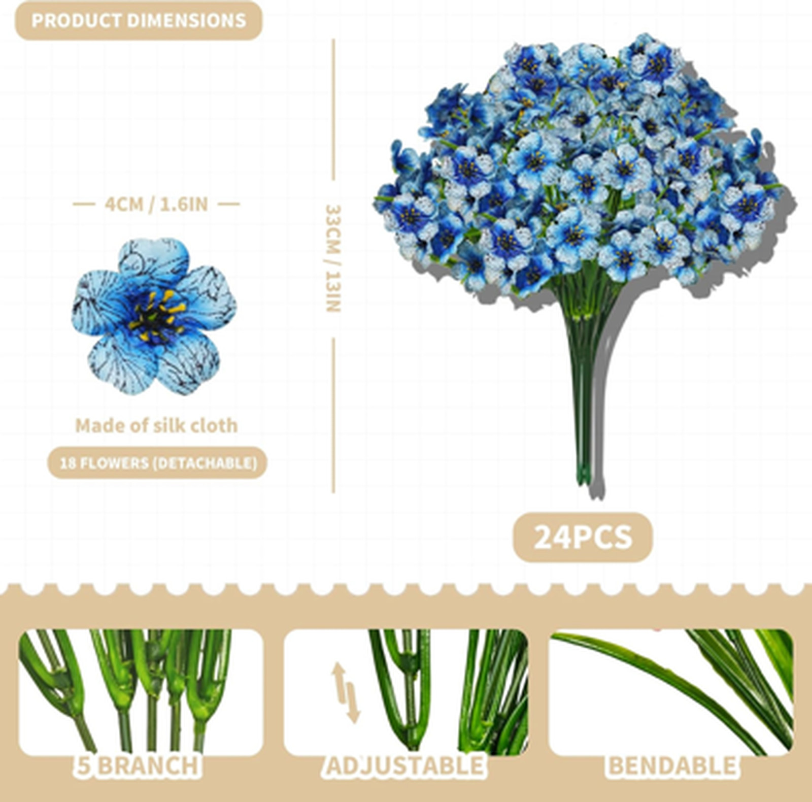 Artificial Flowers Set 24 Bundles UV Resistant for Outdoors 8 Colors Fake Plants