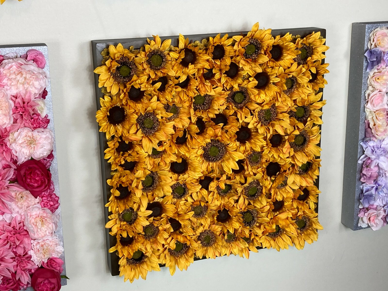 24″x24″ Sunflowers & small yellow Silk flowers Brown Frame Original Artwork