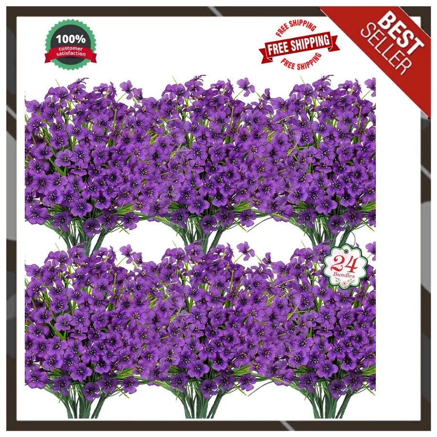 24 Bundles Artificial Flowers UV Resistant Silk Fake Plants for Indoor Outdoor
